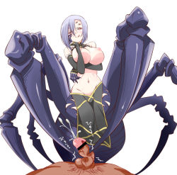 Rule 34 | 10s, 1boy, 1girl, :p, arachne, arthropod girl, bar censor, blush, breasts, carapace, censored, claws, cum, detached sleeves, ejaculation, extra eyes, footjob, hand on own cheek, hand on own face, hetero, insect girl, large breasts, light purple hair, male pubic hair, monster girl, monster musume no iru nichijou, multiple legs, navel, niiragi, nipples, pelvic curtain, penis, pointless censoring, pubic hair, rachnera arachnera, red eyes, simple background, smile, solo focus, spider girl, taur, tongue, tongue out, white background