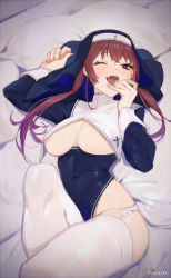 Rule 34 | 1girl, :d, ;d, areola slip, bed sheet, blue leotard, breast curtains, breasts, chilakkk, fang, garter belt, habit, highres, hololive, houshou marine, houshou marine (nun), knee up, leotard, long hair, long sleeves, looking at viewer, lying, nun, on back, one eye closed, open mouth, red eyes, red hair, shrug (clothing), skin fang, skin tight, smile, solo, thighhighs, underboob, underbust, virtual youtuber, white garter belt, white thighhighs