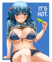 Rule 34 | 1girl, bikini, bikini top only, blue background, blue bikini, blue eyes, blue hair, blush, breasts, cleavage, clothes lift, commentary, covered erect nipples, eyebrows, food, hair bobbles, hair ornament, hard-translated, highres, jacket, jacket lift, kawashiro nitori, key, large breasts, looking at viewer, megame (okbnkn), melting, navel, nervous sweating, open mouth, popsicle, round teeth, short shorts, shorts, simple background, sitting, solo, sweat, sweatdrop, swimsuit, teeth, text focus, thighs, third-party edit, touhou, translated, two side up
