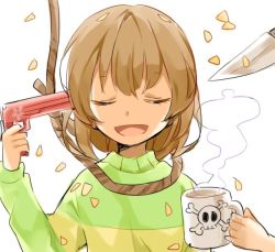 Rule 34 | androgynous, bad id, bad twitter id, brown hair, chara (undertale), commentary request, cup, closed eyes, gender request, gun, gun to head, knife, misha (hoongju), mug, noose, open mouth, petals, poison, smile, striped, suicide, undertale, weapon