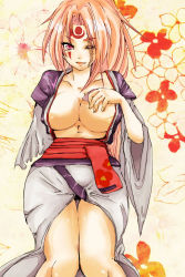 Rule 34 | 1girl, alcohol, amputee, arc system works, baiken, breasts, butamukituneko, cleavage, cup, curvy, facepaint, guilty gear, highres, hip focus, japanese clothes, kimono, large breasts, long hair, navel, one-eyed, one eye closed, open clothes, open kimono, pink hair, ponytail, red eyes, sake, scar, scar across eye, scar on face, solo, tattoo, thigh gap, wide hips, wink