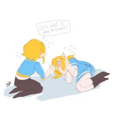Rule 34 | 1boy, 1girl, artist request, blonde hair, blue tunic, covering face, crying, elf, english text, fetal position, highres, link, lying, nintendo, on side, pants, pointy ears, princess zelda, short hair, the legend of zelda, the legend of zelda: breath of the wild, the legend of zelda: tears of the kingdom