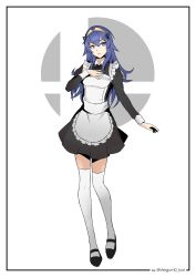 Rule 34 | 1girl, absurdres, alternate costume, apron, blue eyes, blue hair, fire emblem, full body, hair between eyes, hand on own chest, highres, long hair, long sleeves, lucina (fire emblem), maid, maid apron, megumo, nintendo, parted lips, smash ball, solo, super smash bros., symbol-shaped pupils, thighhighs, tiara, twitter username, white thighhighs, wrist cuffs, zettai ryouiki