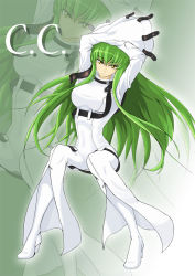 Rule 34 | 00s, 1girl, arms up, bodysuit, breasts, c.c., character name, code geass, green hair, high heels, large breasts, long hair, looking at viewer, renton, solo, yellow eyes, zoom layer