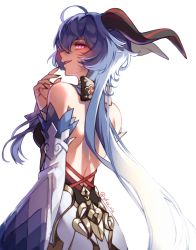 Rule 34 | 1girl, ahoge, back, backless outfit, bad id, bad pixiv id, blue hair, detached sleeves, fang, fingernails, from behind, ganyu (genshin impact), genshin impact, gold trim, highres, horns, long hair, long horns, looking at viewer, looking back, low ponytail, no gloves, purple eyes, ria (yfvv ria), sharp fingernails, sidelocks, smile, solo, standing, twitter username, white background, white sleeves