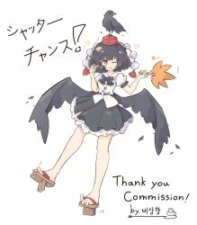 Rule 34 | 1girl, animal, animal on head, bare legs, belt, bird, bird on head, bird wings, black belt, black bow, black bowtie, black hair, black skirt, black wings, bow, bowtie, brown footwear, buttons, camera, closed mouth, collared shirt, commentary request, commission, crow, feathered wings, frilled skirt, frills, full body, geta, happy, hat, hauchiwa, highres, holding, holding camera, japanese clothes, low wings, miniskirt, on head, one eye closed, pom pom (clothes), primsla, puffy short sleeves, puffy sleeves, red eyes, red hat, shameimaru aya, shirt, short sleeves, simple background, skirt, smile, solo, tassel, tengu-geta, toes, tokin hat, touhou, white background, white shirt, wings