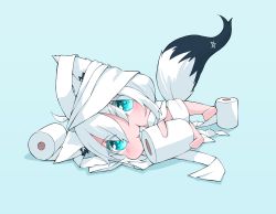 Rule 34 | 1girl, absurdres, animal ear fluff, animal ears, blue background, braid, chibi, commentary request, fox ears, fox girl, fox tail, green eyes, hair between eyes, highres, hololive, ikamoworkshop, long hair, looking at viewer, lying, on side, pentagram, shirakami fubuki, sidelocks, simple background, single braid, solo, tail, toilet paper, virtual youtuber, white hair, wrapped up