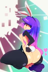 Rule 34 | 1girl, animal ears, ass, black eyes, black gloves, breasts, buny suit, disabledfetus, elbow gloves, fake animal ears, fake tail, glitch techs, gloves, heart, highres, huge ass, long hair, looking back, miko kubota, nipples, purple hair, rabbit ears, rabbit tail, small breasts, smile, solo, tail
