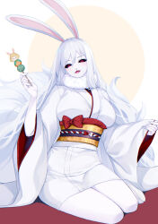 Rule 34 | 1girl, absurdres, animal ears, black sclera, carrot (one piece), colored sclera, commentary request, crazy otama, eyelashes, food, furry, furry female, highres, japanese clothes, kimono, long hair, looking at viewer, one piece, rabbit ears, red eyes, sitting, solo, sulong form, sulong form, very long hair, white hair