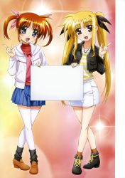 Rule 34 | 10s, 2girls, absurdres, blonde hair, blue eyes, brown hair, casual, fate testarossa, highres, holding, holding sign, legs, long hair, lyrical nanoha, mahou shoujo lyrical nanoha, mahou shoujo lyrical nanoha the movie 1st, multiple girls, non-web source, okuda yasuhiro, open mouth, pointing, purple eyes, red eyes, short twintails, sign, sign holding, takamachi nanoha, template, thighhighs, twintails, very long hair, white legwear, zettai ryouiki