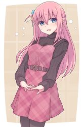 Rule 34 | 1girl, black pantyhose, black sweater, blue eyes, blush, bocchi the rock!, breasts, brown background, dress, e20, gotoh hitori, hair between eyes, highres, long hair, long sleeves, medium breasts, one side up, outside border, own hands together, pantyhose, parted bangs, pink dress, pink hair, plaid, plaid dress, puffy long sleeves, puffy sleeves, ribbed sweater, sleeveless, sleeveless dress, sleeves past wrists, solo, sweatdrop, sweater, turtleneck, turtleneck sweater, two-tone background, very long hair, wavy hair, white background