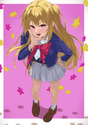 Rule 34 | 1girl, absurdres, black vest, blonde hair, blue jacket, blush, bow, bowtie, breasts, brown footwear, buttons, commentary, cropped jacket, foreshortening, grey skirt, highres, hoshino ruby, jacket, long hair, long sleeves, medium breasts, open mouth, oshi no ko, pink bow, pink eyes, pink ribbon, pleated skirt, qto toto, ribbon, school uniform, shirt, side ponytail, skirt, socks, solo, star-shaped pupils, star (symbol), symbol-shaped pupils, vest, white shirt, white socks, youtou high school uniform
