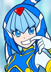 Rule 34 | 1girl, android, aoihito72, blue eyes, clenched teeth, gloves, helmet, highres, fairy leviathan (mega man), looking at viewer, mega man (series), mega man zero (series), smile, solo, teeth, upper body, white gloves
