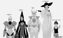 Rule 34 | 5girls, alcina dimitrescu, arm cannon, bayonetta, bayonetta (series), black gloves, black hair, bodysuit, degs, dress, elbow gloves, flower, glasses, gloves, greyscale, hat, height chart, highres, jewelry, long hair, looking at viewer, metroid, monochrome, multiple girls, necklace, nintendo, pearl necklace, ponytail, resident evil, resident evil village, rose, samus aran, she-ra, she-ra and the princesses of power, shorts, shorts under skirt, smile, sun hat, tall female, tiara, very long hair, weapon, white dress