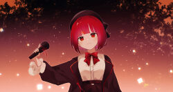 Rule 34 | 1girl, absurdres, akirarec, arima kana, black hat, black skirt, blush, bow, bowtie, brown background, closed mouth, hat, highres, holding, holding microphone, jacket, microphone, open clothes, open jacket, oshi no ko, red bow, red bowtie, red eyes, red hair, shirt, shirt tucked in, short hair, skirt, smile, solo, upper body, white shirt