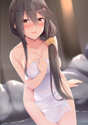 Rule 34 | 1girl, akahi242, bare shoulders, blush, brown eyes, covering privates, cowboy shot, grey hair, hair between eyes, hair ornament, hair scrunchie, haruna (kancolle), highres, kantai collection, long hair, looking at viewer, naked towel, nude cover, onsen, open mouth, partially submerged, scrunchie, smile, solo, towel, yellow scrunchie