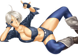 Rule 34 | 1girl, \m/, \n/, ahoge, angel (kof), arm support, breasts, cleavage, covered erect nipples, fingerless gloves, gloves, hair over one eye, huge breasts, large breasts, navel, snk, solo, spread legs, st.germain-sal, the king of fighters, white hair
