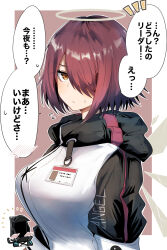 Rule 34 | 1girl, arknights, blush, breasts, brown eyes, commentary request, detached wings, doctor (arknights), exusiai (arknights), flying sweatdrops, gin moku, hair over one eye, halo, highres, hood, hooded jacket, id card, jacket, large breasts, looking at viewer, looking to the side, one eye covered, parted lips, red hair, short hair, solo, speech bubble, spoken blush, spoken sweatdrop, sweatdrop, tented shirt, translated, upper body, white jacket, wings