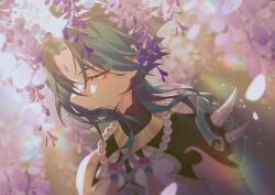 Rule 34 | 1boy, absurdres, bead necklace, beads, covering own mouth, facial mark, flower, forehead mark, genshin impact, green hair, half-closed eyes, highres, jewelry, male focus, multicolored hair, necklace, purple flower, upper body, wisteria, xiao (genshin impact), xiaobaitu85243, yellow eyes