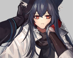 Rule 34 | 1girl, 1other, animal ear fluff, animal ears, arknights, black gloves, black hair, black shirt, blush, breasts, brown eyes, closed mouth, commentary request, doctor (arknights), fkskii65, fur trim, gloves, grey background, hair between eyes, hand on another&#039;s head, hand on own cheek, hand on own face, highres, jacket, korean commentary, long hair, long sleeves, looking at viewer, multicolored hair, official alternate costume, open clothes, open jacket, out of frame, pout, pov, pov hands, red hair, shirt, simple background, small breasts, solo focus, texas (arknights), texas (winter messenger) (arknights), two-tone hair, upper body, white jacket, wolf ears, wolf girl