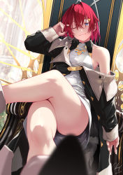 Rule 34 | 1girl, ;), ange katrina, ange katrina (1st costume), blue eyes, boots, breasts, chair, closed mouth, crossed legs, hair between eyes, hair intakes, hair ornament, hairclip, hand up, highres, jacket, long sleeves, looking at viewer, nijisanji, one eye closed, re lucy, red hair, shirt, short hair, sidelocks, sitting, smile, solo, virtual youtuber, white shirt