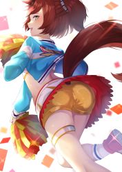 Rule 34 | 1girl, absurdres, animal ears, ass, blush, brown eyes, cheerleader, commentary request, confetti, highres, horse ears, horse girl, horse tail, jacket, looking at viewer, looking back, medium hair, nice nature (run&amp;win) (umamusume), nice nature (umamusume), pinponpaaru, pom pom (cheerleading), shorts, solo, tail, umamusume, white background