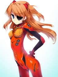 Rule 34 | 1girl, aqua background, backlighting, blue eyes, bodysuit, bracer, breasts, colored eyelashes, cowboy shot, duct tape, expressionless, eyepatch, from side, gloves, gradient background, hand on own hip, headgear, highres, long hair, looking at viewer, neon genesis evangelion, pilot suit, plugsuit, rebuild of evangelion, revision, simple background, skinny, small breasts, solo, souryuu asuka langley, suzune rai, turtleneck, two side up