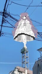 Rule 34 | 1girl, black eyes, blue sky, day, dress, empty eyes, full body, grey dress, highres, long hair, looking at viewer, mochu (aoishikabane), original, outdoors, photo background, power lines, purple hair, sky, solo, standing, standing on one leg, utility pole, very long hair