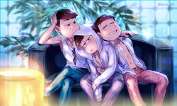 Rule 34 | 10s, 3boys, arm support, armpits, between legs, blue pants, blurry, blush, brothers, brown eyes, brown hair, closed mouth, couch, crossed legs, depth of field, dress shirt, grin, hand between legs, hand on another&#039;s stomach, hand on own head, hood, hooded jacket, indoors, jacket, lantern, leaning on person, leaning to the side, lens flare, long sleeves, looking at another, looking at viewer, looking to the side, male focus, matsuno ichimatsu, matsuno karamatsu, matsuno osomatsu, multiple boys, navel, open clothes, open shirt, osomatsu-kun, osomatsu-san, osomatsu (series), outstretched arm, pants, pink pants, plant, purple pants, shade, shirt, siblings, sitting, sleeveless, smile, stomach, sunglasses, takosu-chan, tank top, twitter username, unbuttoned, unworn eyewear, unzipped, white shirt