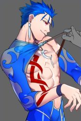 Rule 34 | 1boy, blue hair, bodysuit, cu chulainn (fate), cu chulainn (fate/stay night), cu chulainn (second ascension) (fate), fate/grand order, fate/stay night, fate (series), gae bolg (fate), highres, igote, jewelry, male focus, necklace, nipples, official alternate costume, polearm, ponytail, red eyes, rui (o-rui), simple background, single bare shoulder, spear, tattoo, weapon