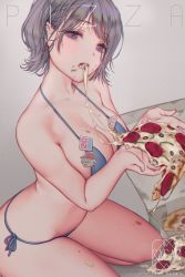 Rule 34 | 1girl, bikini, blue bikini, blush, breasts, cleavage, domino&#039;s pizza, eating, food, food in mouth, food on body, food on breasts, food on face, grey background, grey hair, highres, holding, holding food, large breasts, love cacao, mole, mole on breast, open mouth, original, papa john&#039;s, pizza, pizza box, pizza hut, purple eyes, side-tie bikini bottom, signature, simple background, sitting, solo, swimsuit