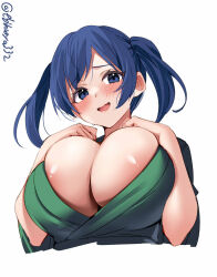 Rule 34 | 1girl, areola slip, blue eyes, blue hair, blush, breasts, cleavage, cropped torso, ebifurya, green kimono, hands up, highres, japanese clothes, kantai collection, kimono, large breasts, looking at viewer, no bra, one-hour drawing challenge, open mouth, parted bangs, simple background, smile, solo, souryuu (kancolle), twintails, twitter username, upper body, white background