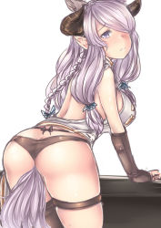 Rule 34 | 10s, 1girl, anal tail, animal ears, ass, backless outfit, bare shoulders, bent over, black gloves, black panties, black thighhighs, blush, braid, breasts, butt crack, butt plug, cowboy shot, draph, elbow gloves, fake tail, from behind, gloves, granblue fantasy, greenopi, hair ornament, hair over one eye, highres, horns, large breasts, light purple hair, long hair, looking back, low-tied long hair, narmaya (granblue fantasy), panties, parted lips, pointy ears, purple eyes, sex toy, side braid, single braid, single thighhigh, solo, tail, thigh strap, thighhighs, underwear