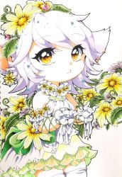 Rule 34 | 1girl, bare shoulders, closed mouth, collarbone, commentary request, cowboy shot, fewer digits, flower, gloves, gradient background, hair flower, hair ornament, highres, league of legends, medium hair, otani (kota12ro08), pointy ears, simple background, solo, standing, traditional media, tristana, white background, white gloves, white hair, yellow eyes, yellow flower, yordle