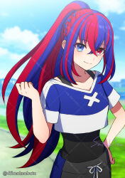 Rule 34 | 1girl, alear (female) (fire emblem), alear (fire emblem), black undershirt, blue eyes, blue hair, braid, breasts, commentary, crop top, crop top overhang, crossed bangs, dfhnokenbutu, fire emblem, fire emblem engage, heterochromia, highres, long hair, multicolored hair, nintendo, official alternate costume, official alternate hairstyle, pants, red eyes, red hair, small breasts, split-color hair, sweatpants, training outfit (fire emblem engage), two-tone hair, workout clothes