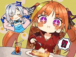 Rule 34 | !, !!, + +, 1girl, :i, ahoge, amane kanata, angel, angel wings, apron, black ribbon, blonde hair, blue apron, blue hair, blunt bangs, blush stickers, bow, chewing, chibi, closed eyes, closed mouth, collarbone, colored inner hair, commentary request, crossed arms, cup, diagonal-striped bow, doukyo&#039;s, dragon girl, dragon horns, drinking straw, eating, food-themed background, fork, french toast, hair ribbon, hair rings, halo, hand on own cheek, hand on own face, higashi miyako, highres, holding, holding fork, holding spatula, hololive, hood, hood down, hooded track jacket, horn bow, horn ornament, horns, jacket, kiryu coco, kiryu coco (loungewear), long hair, long sleeves, multicolored eyes, multicolored hair, official alternate costume, on chair, orange hair, pink hair, purple eyes, red eyes, red jacket, ribbon, sidelocks, silver hair, simple background, single hair intake, sitting, smile, solo, spatula, spoken character, star halo, streaked hair, striped, striped bow, track jacket, twintails, upper body, virtual youtuber, white wings, wings, yellow background, zipper pull tab