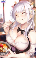 Rule 34 | 1girl, animal ears, apron, black bow, black bowtie, blush, bodice, bow, bowtie, breasts, cleavage, clothing cutout, corset, cow ears, cow horns, cross-laced clothes, cross-laced cutout, detached sleeves, dirndl, flower, food, food focus, german clothes, grey hair, hair flower, hair ornament, highres, hololive, horns, hozumi kaoru, large breasts, long hair, maid, official alternate costume, official alternate hair length, official alternate hairstyle, puffy detached sleeves, puffy short sleeves, puffy sleeves, shirogane noel, shirogane noel (dirndl), short sleeves, solo, very long hair, virtual youtuber, white apron