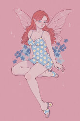Rule 34 | 1girl, artist name, blue dress, breasts, cleavage, commentary, dress, eyeshadow, fairy, fairy wings, floral print, full body, high heels, highres, karlovycross, lipstick, makeup, medium breasts, original, pink background, pointy ears, red hair, simple background, sitting, smile, solo, sparkle, symbol-only commentary, toeless footwear, water drop, wings