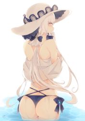Rule 34 | 1girl, :t, ass, azur lane, back, bad id, bad twitter id, bare shoulders, bikini, blue bikini, blue eyes, blush, breasts, cowboy shot, from behind, hair ornament, hair ribbon, hand up, hat, highres, illustrious (azur lane), lace trim, large breasts, long hair, looking at viewer, looking back, muuran, off shoulder, ribbon, side-tie bikini bottom, signature, solo, sun hat, swimsuit, v-shaped eyebrows, wet, white hair, white hat