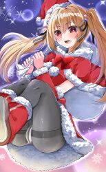 Rule 34 | 1girl, :d, absurdres, artist name, black pantyhose, black ribbon, blonde hair, blush, boots, bow, bowtie, bright pupils, capelet, christmas, commentary request, crotch seam, dated, detached sleeves, dolphin wave, dress, fang, feet out of frame, floating hair, fur-trimmed boots, fur-trimmed capelet, fur-trimmed dress, fur-trimmed headwear, fur-trimmed sleeves, fur trim, gradient background, hair between eyes, hair bobbles, hair intakes, hair ornament, hair ribbon, hands up, hat, highres, holding, holding sack, hood, hood down, hooded capelet, kazami ellen, legs together, legs up, long hair, looking at viewer, open mouth, panties, panties under pantyhose, pantyhose, pom pom (clothes), purple background, red bow, red bowtie, red capelet, red dress, red eyes, red footwear, red hat, ribbon, sack, santa costume, santa hat, shoe soles, short sleeves, signature, sitting, smile, snowflakes, snowing, solo, sparkle, teeth, thighband pantyhose, tilted headwear, twintails, underwear, upper teeth only, upskirt, white panties, white pupils, ya-man