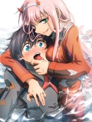 Rule 34 | 10s, 1boy, 1girl, :q, aqua eyes, black hair, blue eyes, blush, breasts, couple, darling in the franxx, hairband, hand on another&#039;s face, headband, herozu (xxhrd), hiro (darling in the franxx), horns, licking lips, long hair, looking at viewer, medium breasts, military, military uniform, naughty face, partially submerged, pink hair, saliva, short hair, tongue, tongue out, uniform, water, white headband, zero two (darling in the franxx)