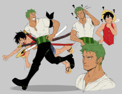 Rule 34 | 2boys, ?, bandana, bandana around arm, black bandana, black eyes, black footwear, black hair, black pants, carrying, carrying person, carrying under arm, cropped torso, dark-skinned male, dark skin, earrings, facial scar, full body, green hair, grey background, haramaki, hat, holding, holding sword, holding weapon, jewelry, male focus, monkey d. luffy, multiple boys, multiple views, muscular, muscular male, one piece, pants, roronoa zoro, running, scar, scar on cheek, scar on face, scratching head, shirt, short hair, sideburns, simple background, single earring, speech bubble, straw hat, sword, thinking, tight clothes, tight shirt, triple wielding, weapon, wet, white shirt, yobot