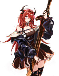 Rule 34 | 1girl, absurdres, arknights, blush, cross, demon girl, demon horns, dress, highres, holding, holding weapon, horns, jacket, karen (drziegler a), looking at viewer, purple eyes, red hair, surtr (arknights), sword, thighhighs, weapon