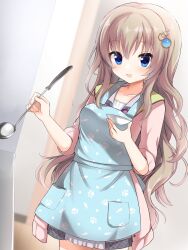 Rule 34 | 1girl, 9-nine-, :d, animal print, apron, blue apron, blue eyes, blurry, blurry background, blush, casual, commentary, cooking, cowboy shot, dutch angle, eyelashes, fish print, gear hair ornament, hair between eyes, hands up, highres, holding, holding ladle, holding plate, indoors, kujou miyako, ladle, light brown hair, long hair, long sleeves, looking at viewer, open mouth, paw print, pink sweater, plate, sidelocks, sleeves rolled up, smile, solo, standing, star (symbol), sweater, takepoison, very long hair, wavy hair, wing hair ornament