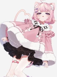 Rule 34 | 1girl, absurdres, ahoge, animal ear fluff, animal ears, black skirt, cat ears, cat girl, cat tail, coat, copyright request, fang, hair ornament, heart, heart ahoge, heart tail, highres, medium hair, open mouth, pink coat, pink hair, purple eyes, sado shinogu, short twintails, skirt, smile, solo, tail, thigh strap, twintails, underwear, x hair ornament