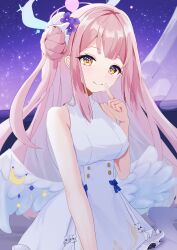 Rule 34 | 1girl, absurdres, angel wings, blue archive, blush, closed mouth, dress, feathered wings, flower, hair bun, hair flower, hair ornament, halo, highres, long hair, looking at viewer, mika (blue archive), pink hair, pink halo, purple flower, single side bun, sleeveless, sleeveless dress, smile, solo, teritama (teritama house), white dress, white wings, wings, yellow eyes