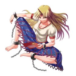 Rule 34 | 1girl, akimichi, alcohol, ankle cuffs, barefoot, blonde hair, breasts, chain, cleavage, cuffs, cup, feet, female focus, from above, full body, highres, horns, hoshiguma yuugi, large breasts, long hair, muscular, red eyes, sakazuki, sake, single horn, skirt, smile, solo, star (symbol), toes, touhou, transparent background
