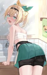 Rule 34 | 1girl, ass, bike shorts, blonde hair, blush, chest sarashi, commentary request, covering privates, covering breasts, from behind, green eyes, highres, hololive, kazama iroha, pleated skirt, ponytail, sarashi, shorts, shorts under skirt, sink, skirt, tonton utaro, topless, towel, virtual youtuber