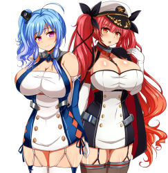 Rule 34 | 2girls, :o, afuro, ahoge, arm guards, arms behind back, azur lane, barefoot, between breasts, black cape, black ribbon, blunt bangs, blush, breasts, brown legwear, buttons, cape, chain, cleavage, cleavage cutout, closed mouth, clothing cutout, collar, covered navel, cowboy shot, double-breasted, dress, elbow gloves, garter straps, gloves, hair ribbon, hand on own chest, hand up, hat, head tilt, honolulu (azur lane), huge breasts, long hair, looking at viewer, microdress, multiple girls, open mouth, orange eyes, peaked cap, pink eyes, red hair, ribbon, shiny skin, side ponytail, sidelocks, simple background, skindentation, sleeveless, sleeveless dress, smile, st. louis (azur lane), standing, thighhighs, twintails, very long hair, wavy hair, white background, white dress, white gloves, white hat, white legwear, zettai ryouiki