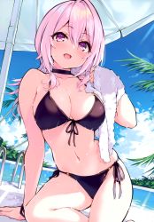 Rule 34 | 1girl, absurdres, arm support, bikini, black bikini, breasts, cleavage, collarbone, cu-no, day, front-tie bikini top, front-tie top, halterneck, highres, hisen kaede, holding, long hair, looking at viewer, navel, open mouth, pink hair, purple eyes, scan, side-tie bikini bottom, simple background, smile, solo, stomach, string bikini, swimsuit, thighs, towel, water drop